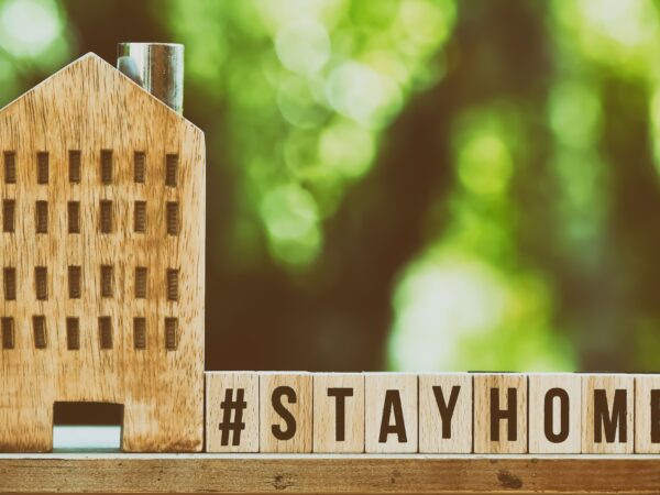 Houses made from wood with stay home lettering